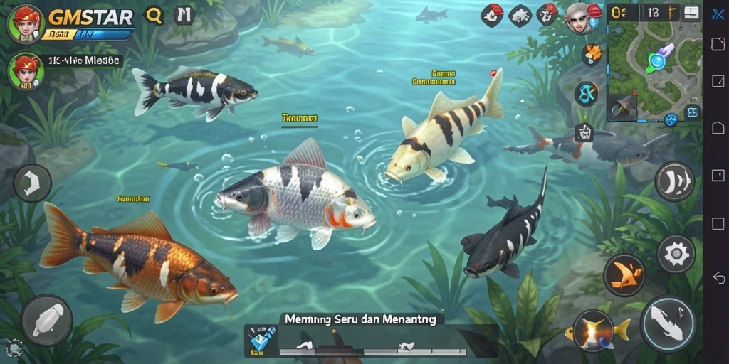 Tampilan gameplay GMSTAR saat menangkap ikan di danau.