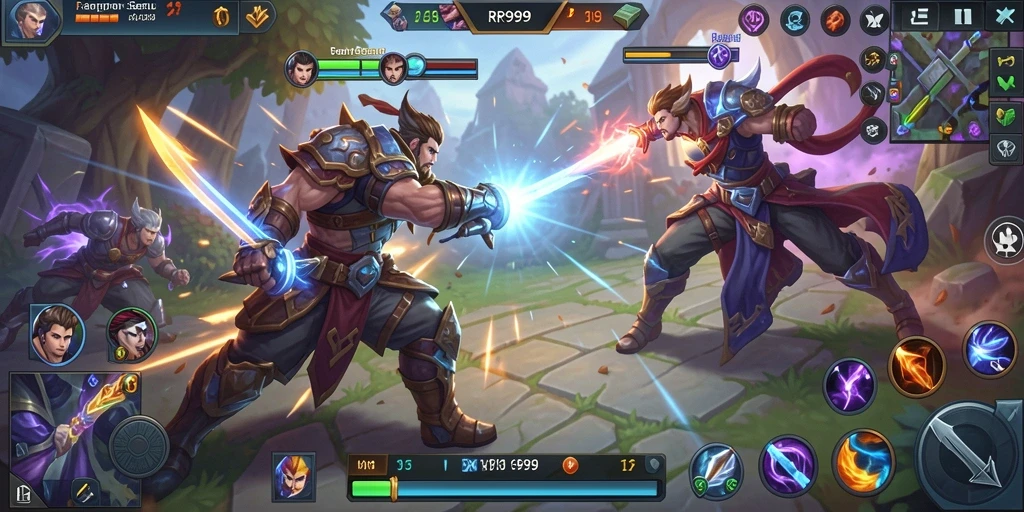 Tampak pertempuran seru antara dua tim di game MOBA.